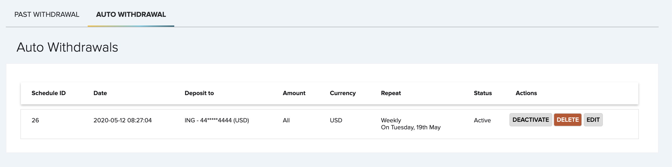 FasterPay scheduled-withdrawal screen