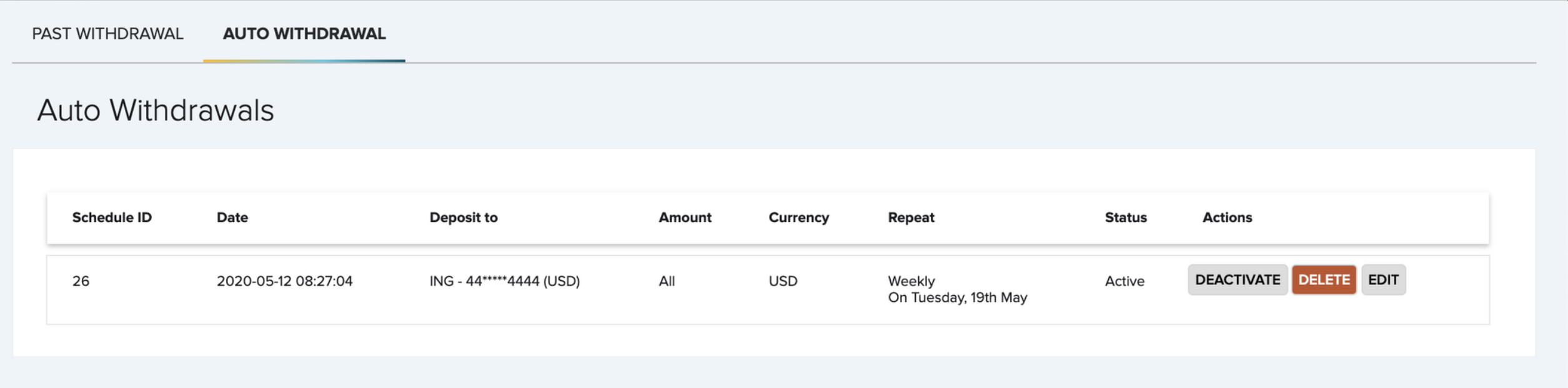 FasterPay scheduled-withdrawal screen