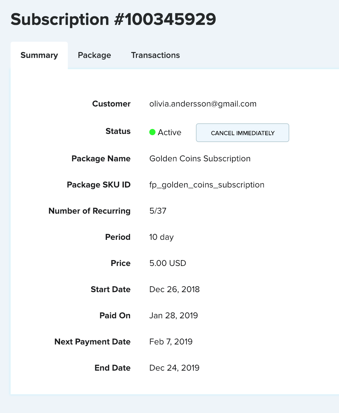 FasterPay subscriptions details screen