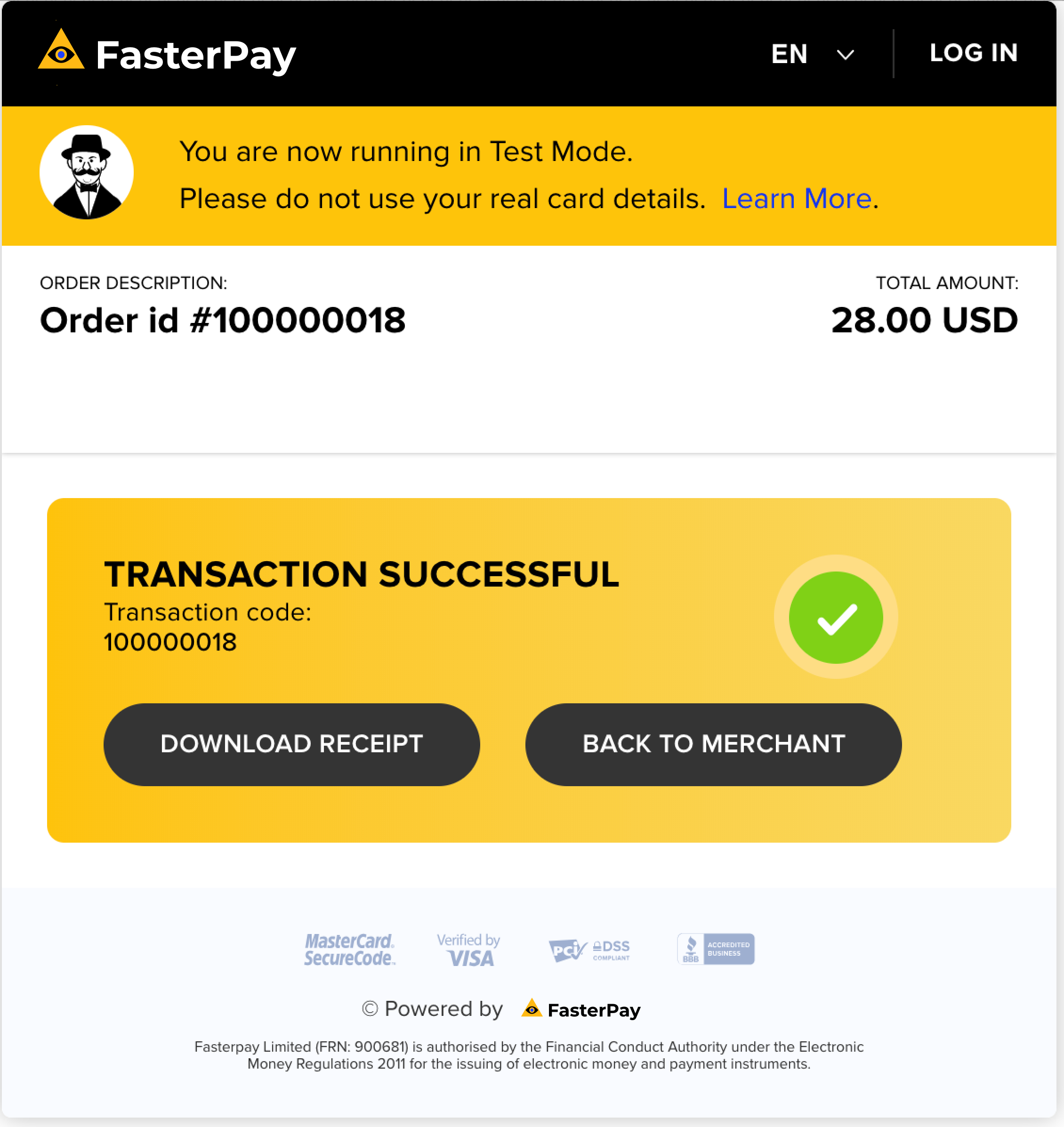 FasterPay Payment Successful.