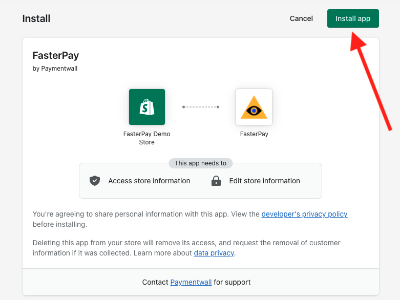 Shopify FasterPay installation - install app