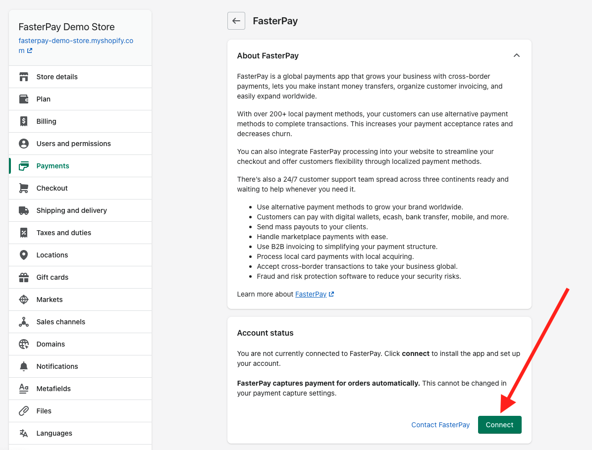 Shopify FasterPay installation - connect