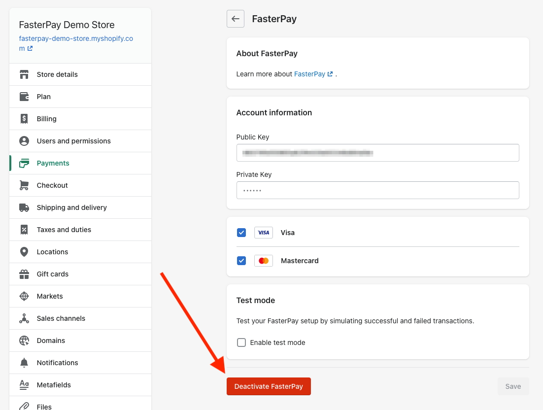 Shopify FasterPay - legacy deactivate