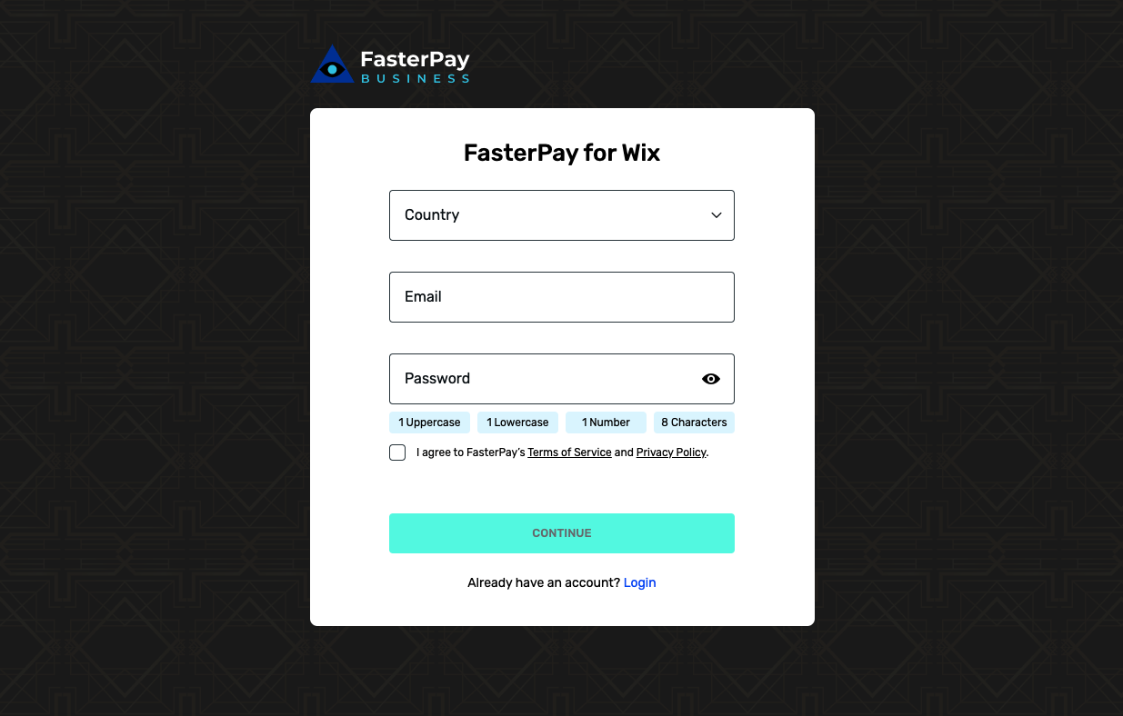 FasterPay for Wix sign-up